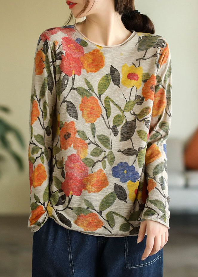 Purple Square O-neck Print Cotton Knitted Top Long Sleeve