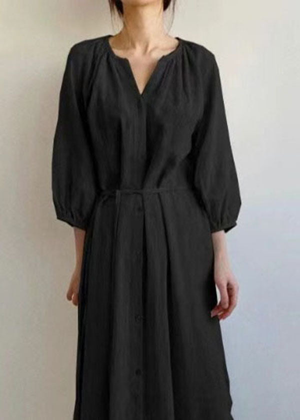 Beige Oversized Side Open Tie Waist Cotton Dress Bracelet Sleeve