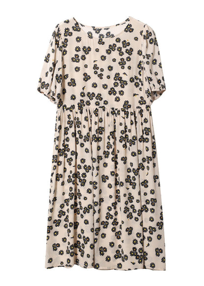 Beige Patchwork Wrinkled Silk Long Dress Short Sleeve