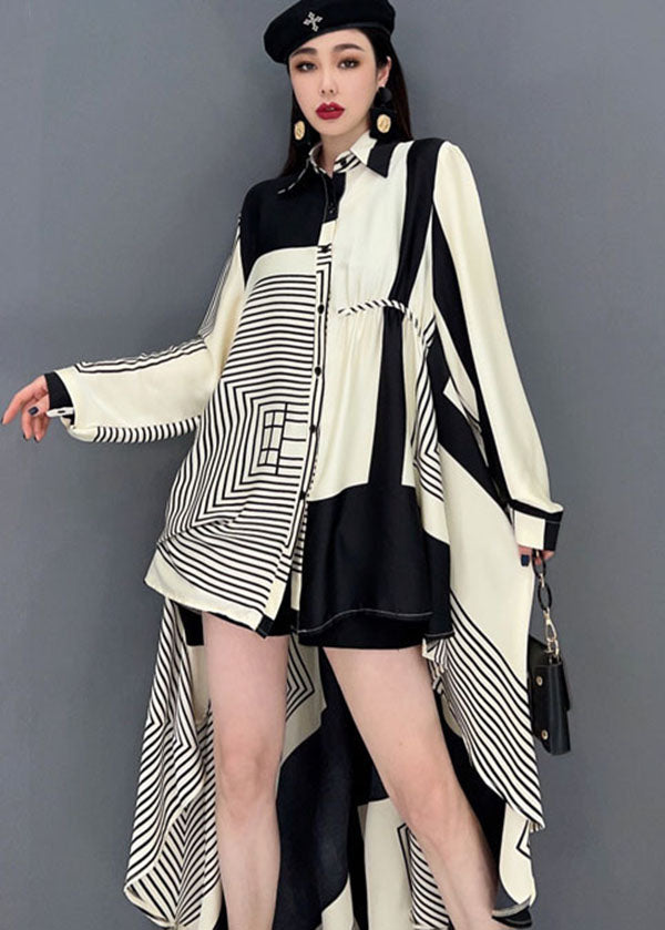 Beige Peter Pan Collar Asymmetrical Design Print Chiffon Shirt Tops Long Sleeve