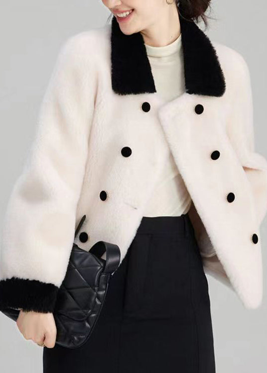 Beige Peter Pan Collar Pockets Patchwork Wool Outwear Winter