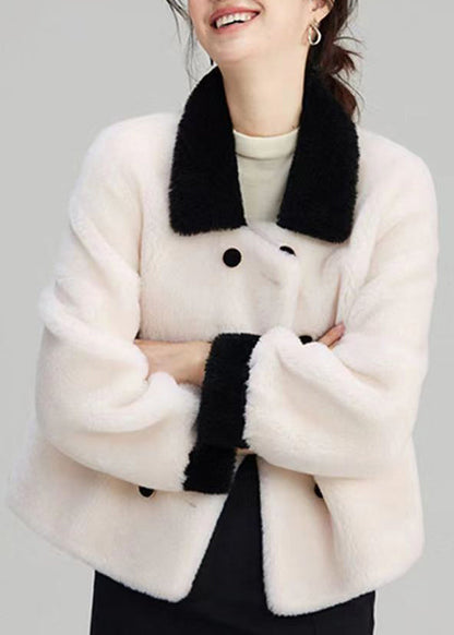 Beige Peter Pan Collar Pockets Patchwork Wool Outwear Winter
