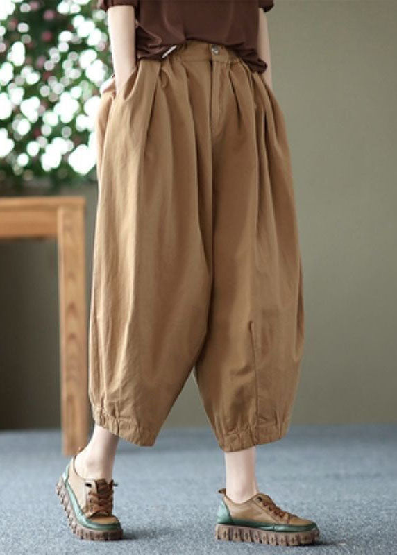 Beige Pockets Wrinkled Patchwork Linen Crop Pants Summer