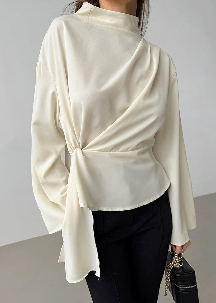 Beige Turtleneck Wrinkled Chiffon Shirt Fall