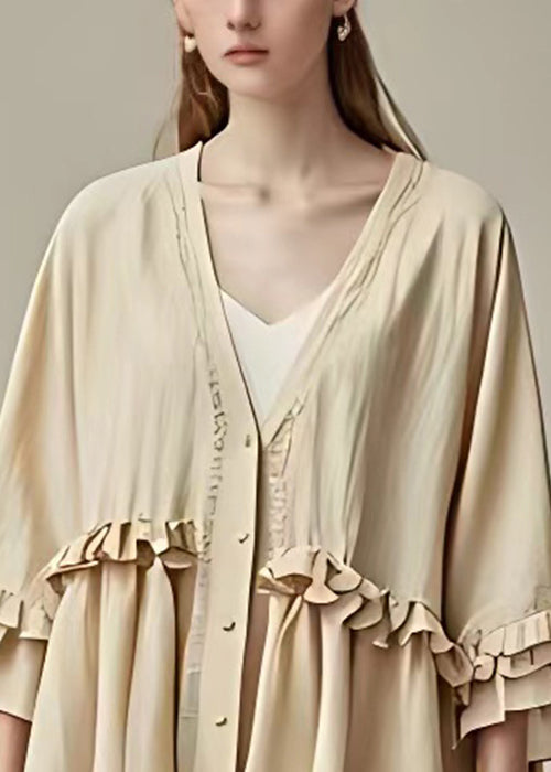 Beige V Neck Button Ruffled Cotton Coat Butterfly Sleeve