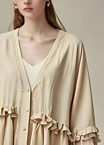 Beige V Neck Button Ruffled Cotton Coat Butterfly Sleeve