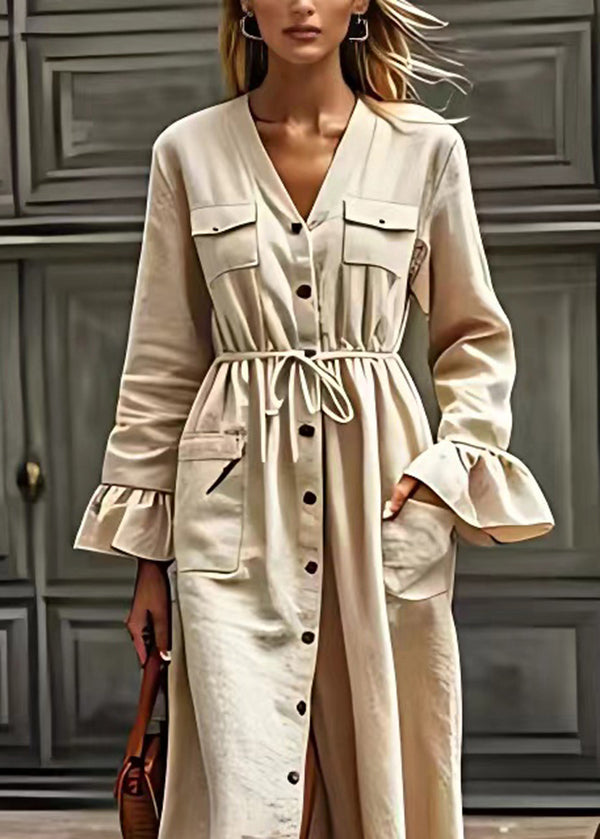 Beige V Neck Drawstring Pockets Cotton Dresses Long Sleeve