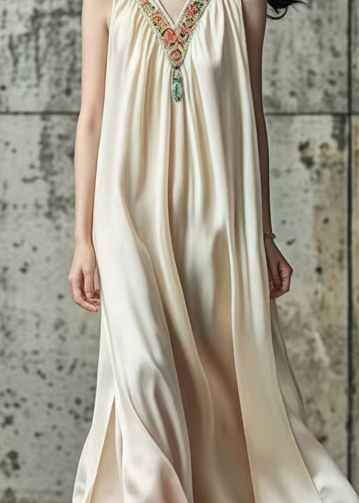 Beige V Neck Patchwork Silk Long Dress Sleeveless