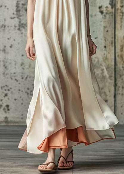 Beige V Neck Patchwork Silk Long Dress Sleeveless