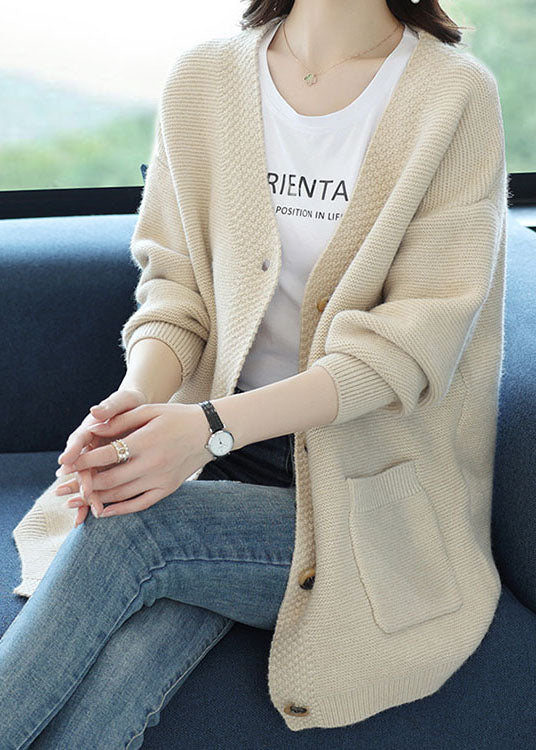 Beige V Neck Pockets Patchwork Cashmere Loose Coat Fall