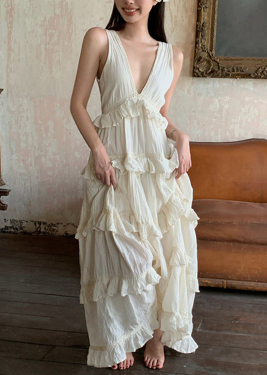 Beige V Neck Ruffled Cotton Long Dresses Summer