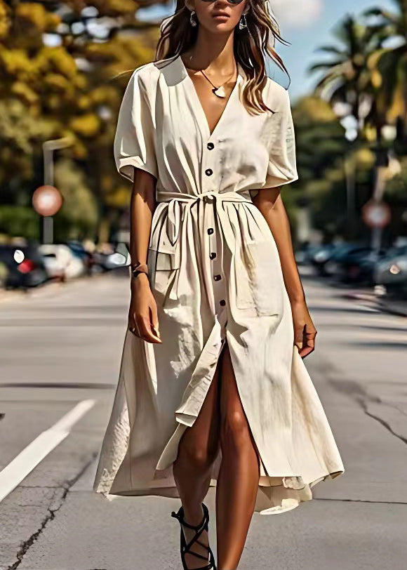 Beige V Neck Tie Waist Button Cotton Dress Summer