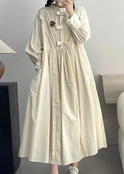 Beige Wrinkled Button Cotton Dresses Long Sleeve
