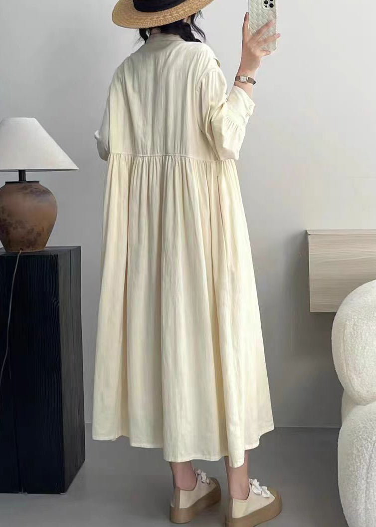 Beige Wrinkled Button Cotton Dresses Long Sleeve