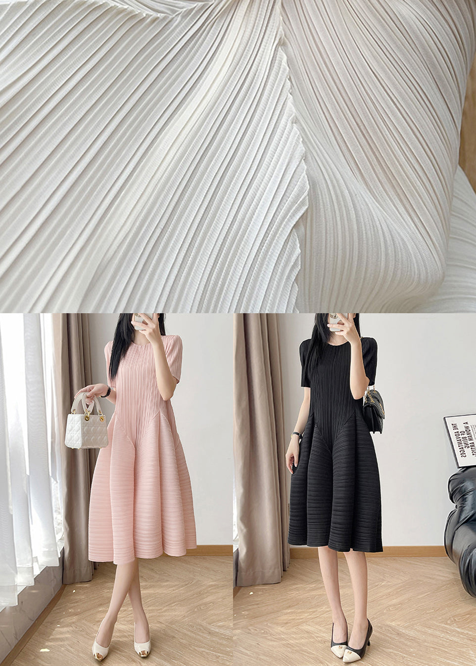 Beige Wrinkled High Waist Cotton Dresses
