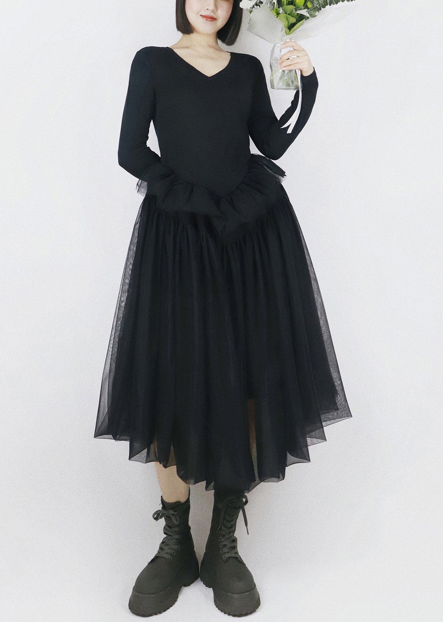 Black Asymmetrical Tulle Patchwork Cotton Dresses
