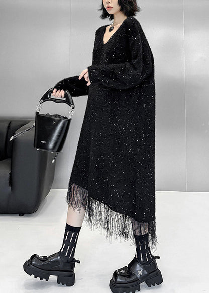 Black Asymmetrical Tulle Patchwork Sequins Cotton Knit Sweater Dress Fall