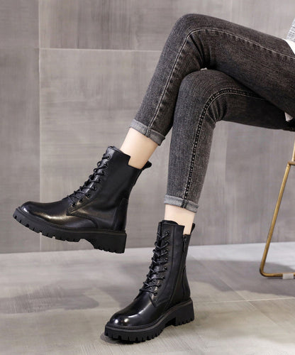 Black Boots Warm Fleece Lace Up Chunky Boots