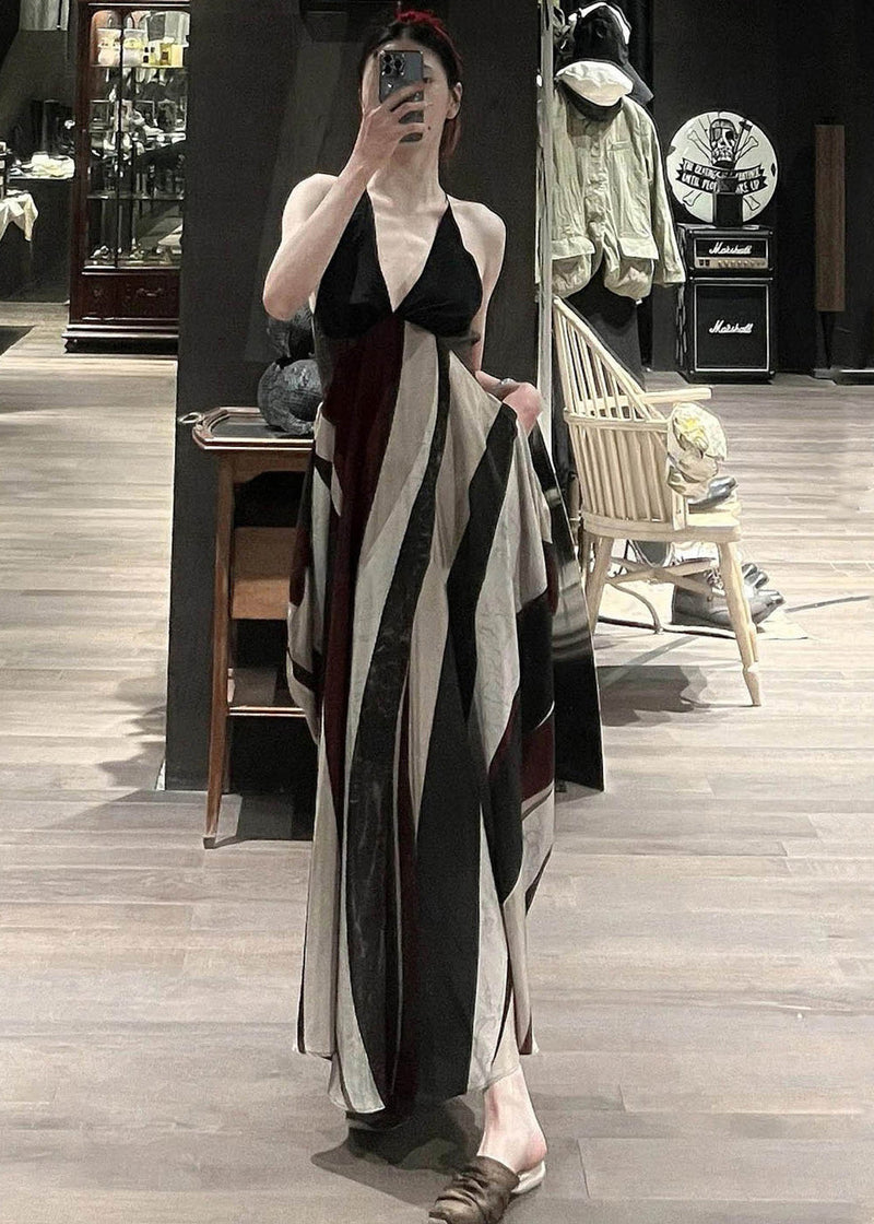 Black Bustier Top Backless Patchwork Striped Cotton Spaghetti Strap Dress Sleeveless
