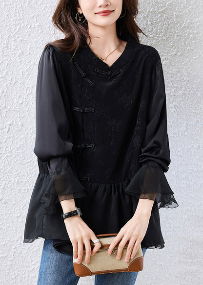 Elegant Black Chinese Button Patchwork Silk Shirt Tops Flare Sleeve