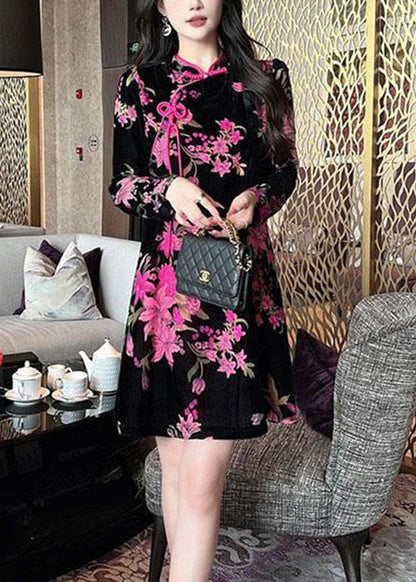 Black Chinese Button Print Silk Velour Mid Dress Long Sleeve