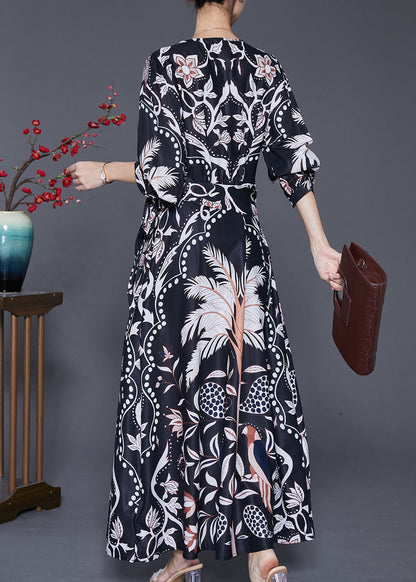 Black Cinched Print Silk Beach Long Dresses Fall