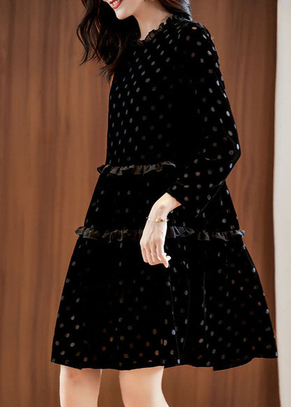 Black Dot Print Patchwork Velour Dress Spring