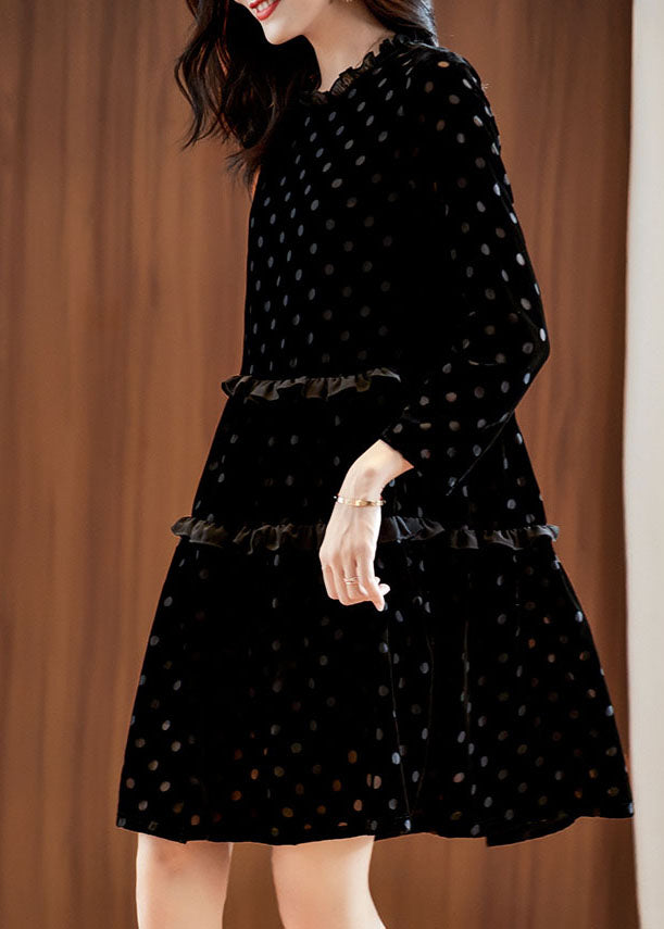 Black Dot Print Patchwork Velour Dress Spring
