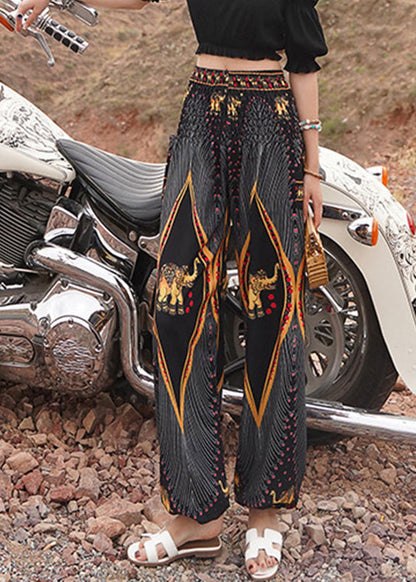 Black Elastic Waist Print Lantern Pants Summer