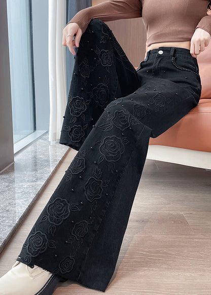 Black Embroidered Nail Bead Denim Bell-bottom Trousers Spring
