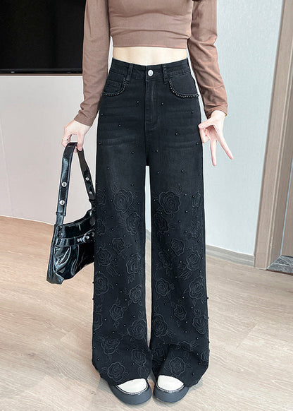 Black Embroidered Nail Bead Denim Bell-bottom Trousers Spring