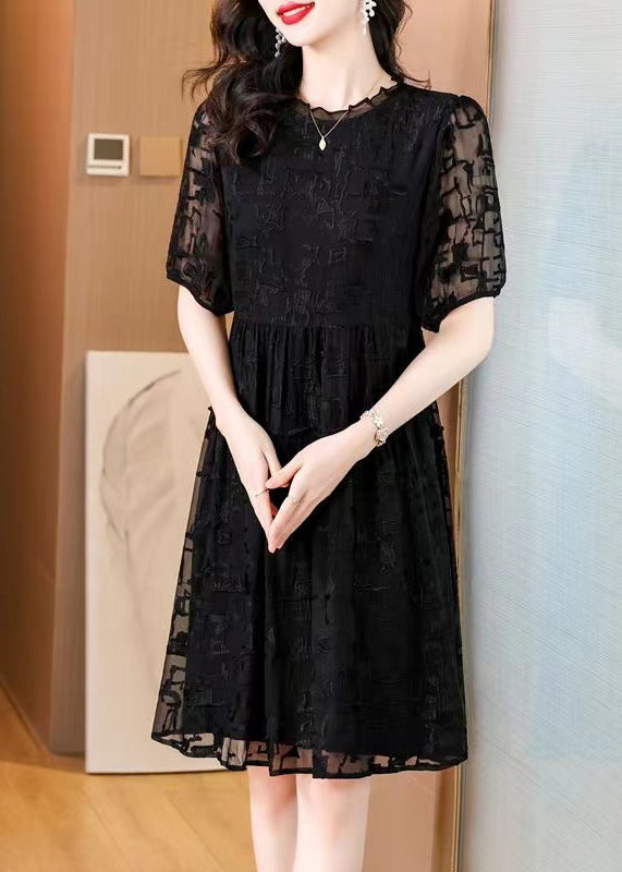Black Embroidered Ruffled Silk Dresses Summer
