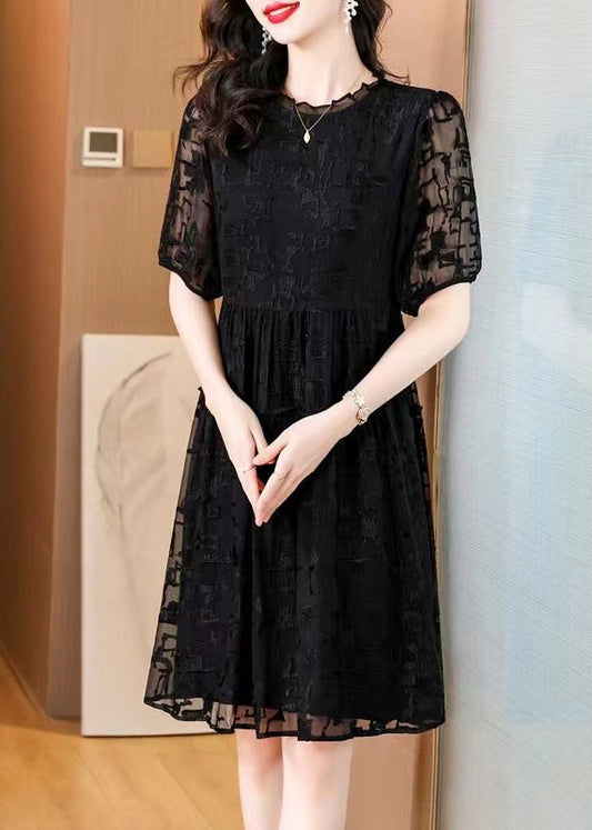 Black Embroidered Ruffled Silk Dresses Summer