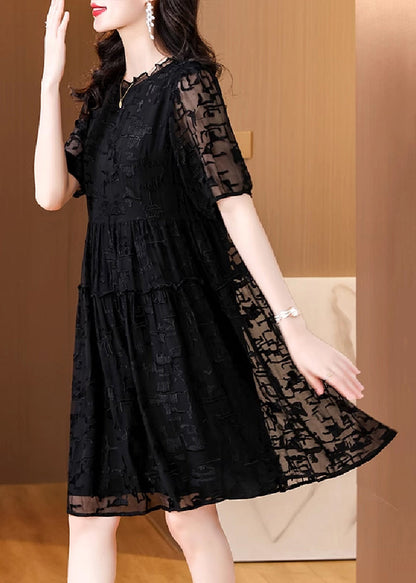 Black Embroidered Ruffled Silk Dresses Summer