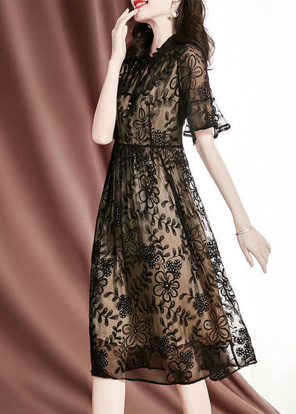 Black Embroideried Hollow Out Silk Long Dresses Summer
