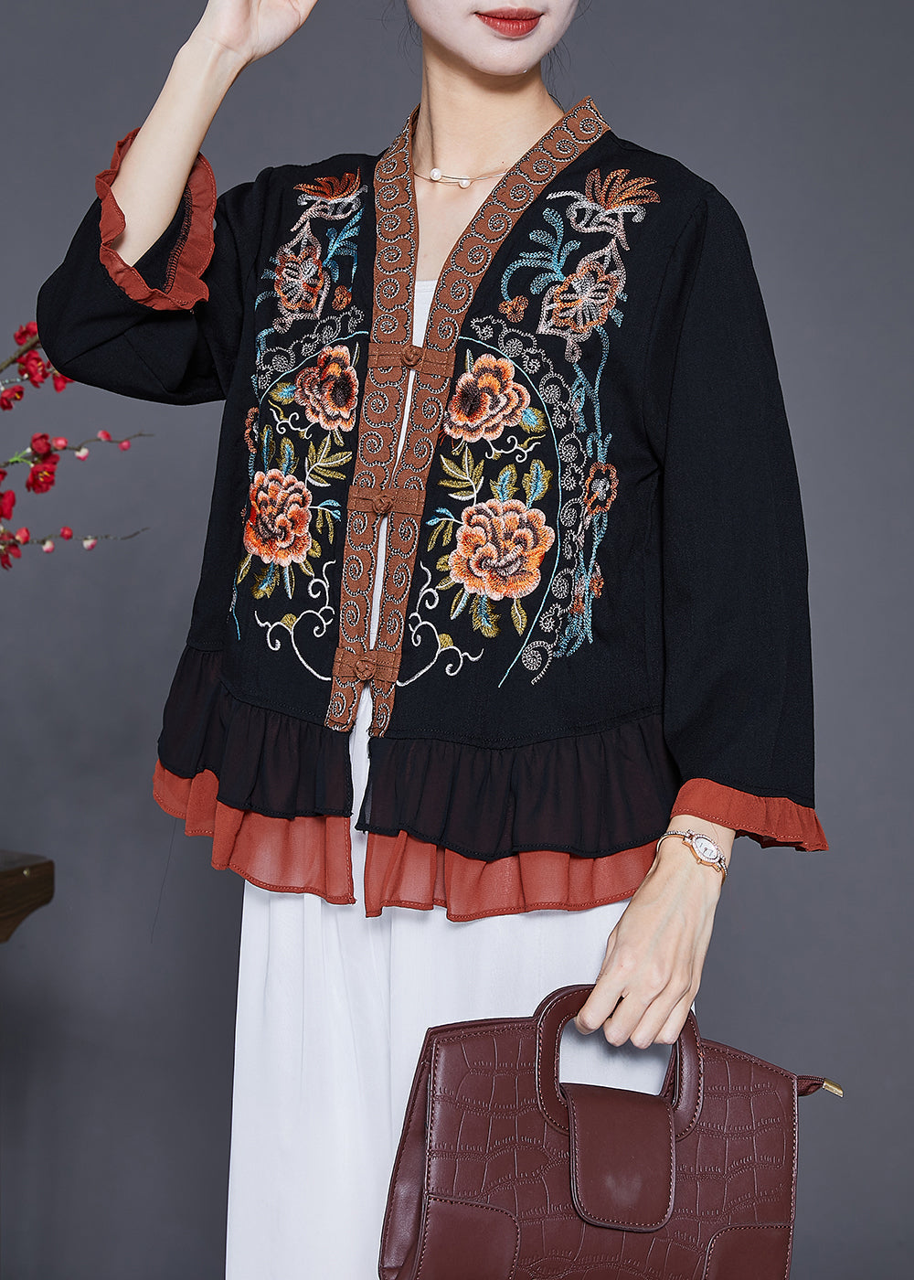 Black Embroideried Patchwork Ruffles Blouses Fall