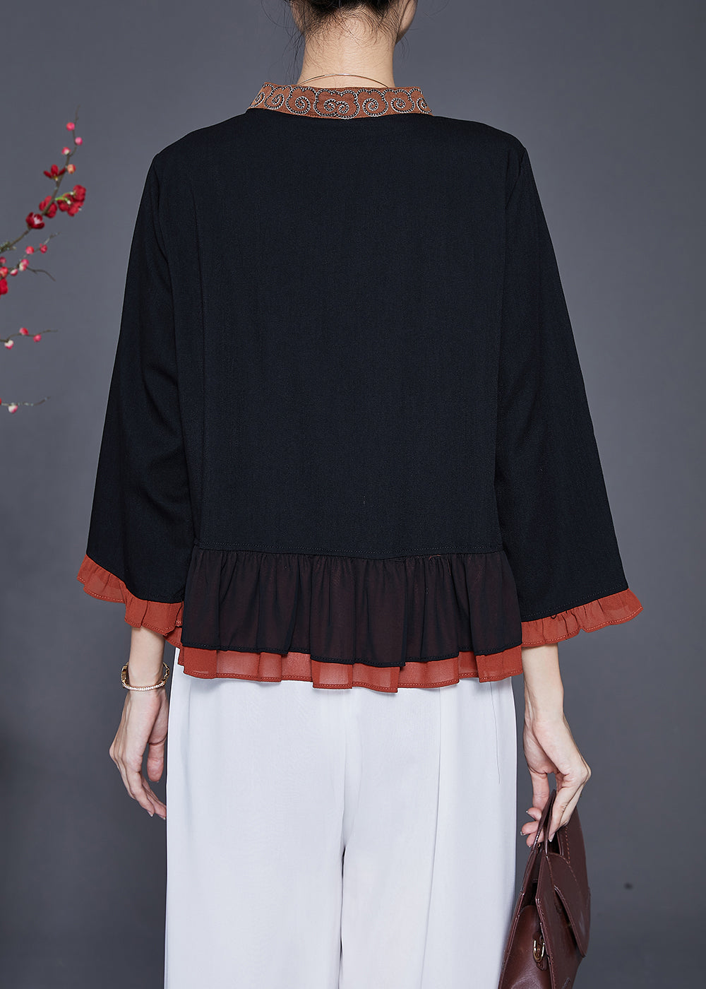Black Embroideried Patchwork Ruffles Blouses Fall