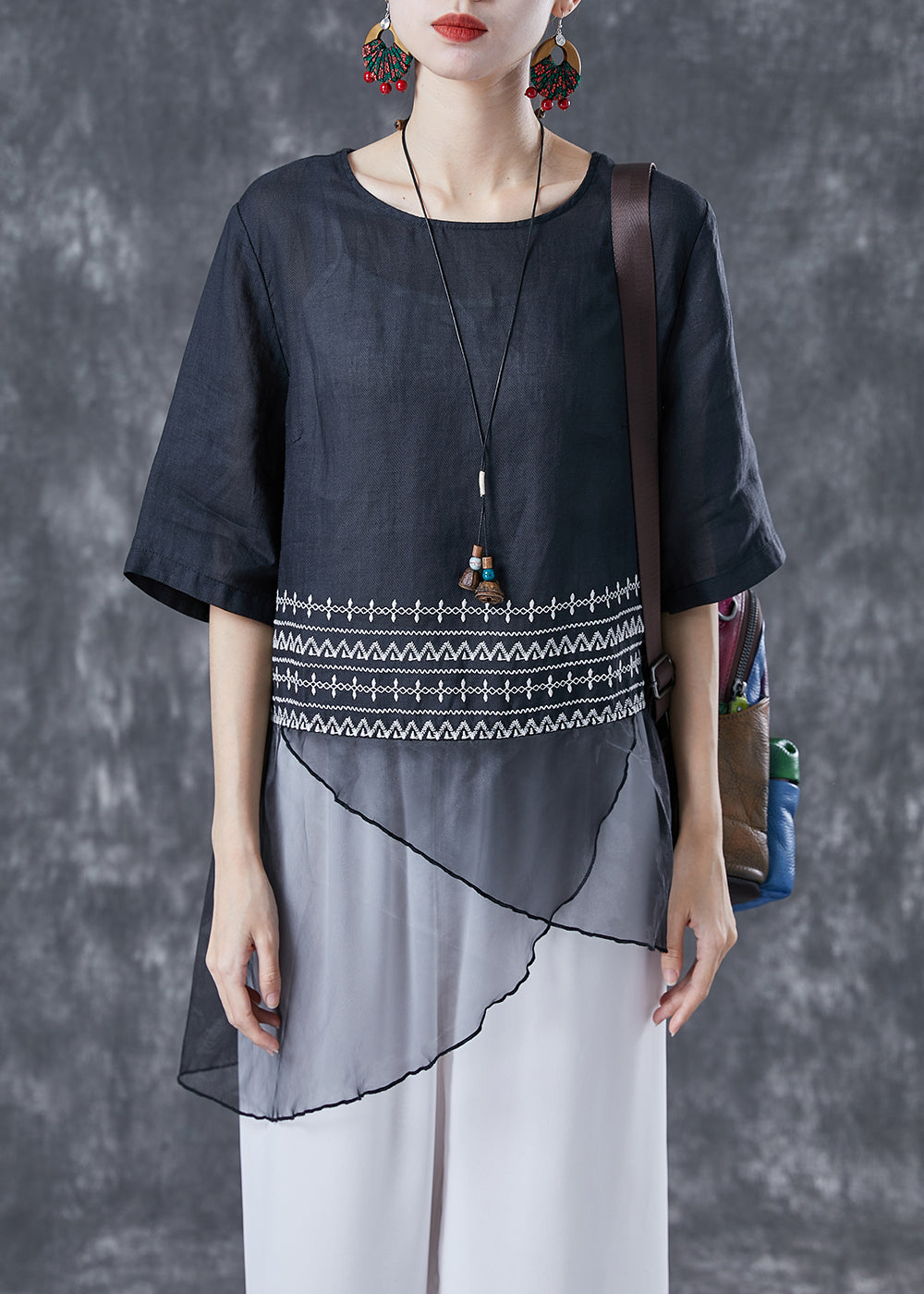 Black Embroideried Tulle Patchwork Linen Top Summer