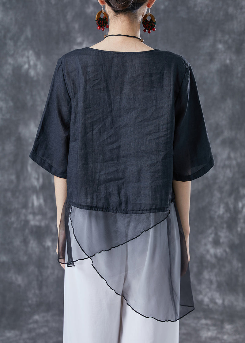 Black Embroideried Tulle Patchwork Linen Top Summer