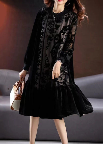Black Embroidered Tulle Patchwork Silk Velour Long Dress Long Sleeve