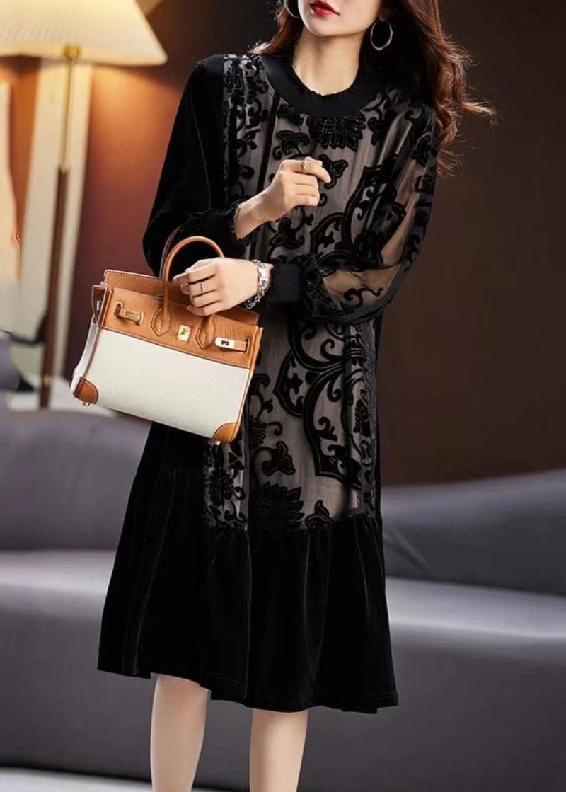 Black Embroidered Tulle Patchwork Silk Velour Long Dress Long Sleeve
