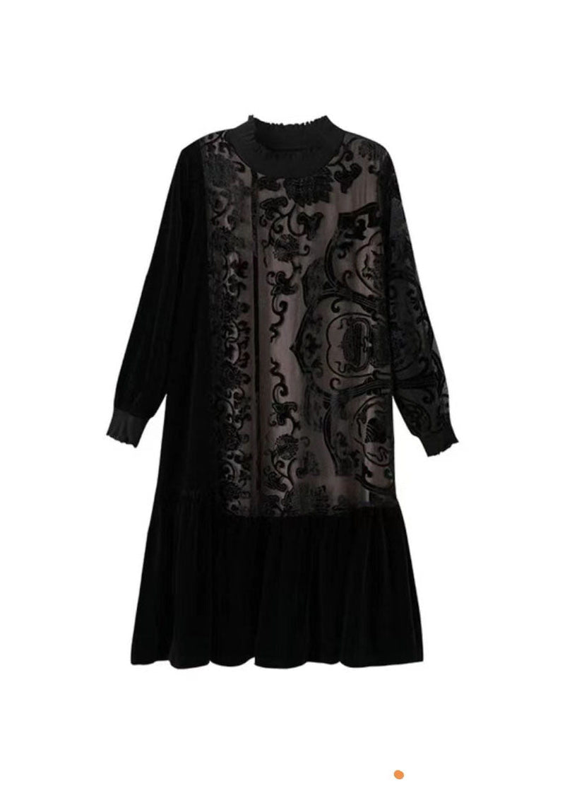 Black Embroidered Tulle Patchwork Silk Velour Long Dress Long Sleeve