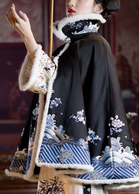 Black Faux Fur Collar Embroideried Button Silk Coats Long Sleeve