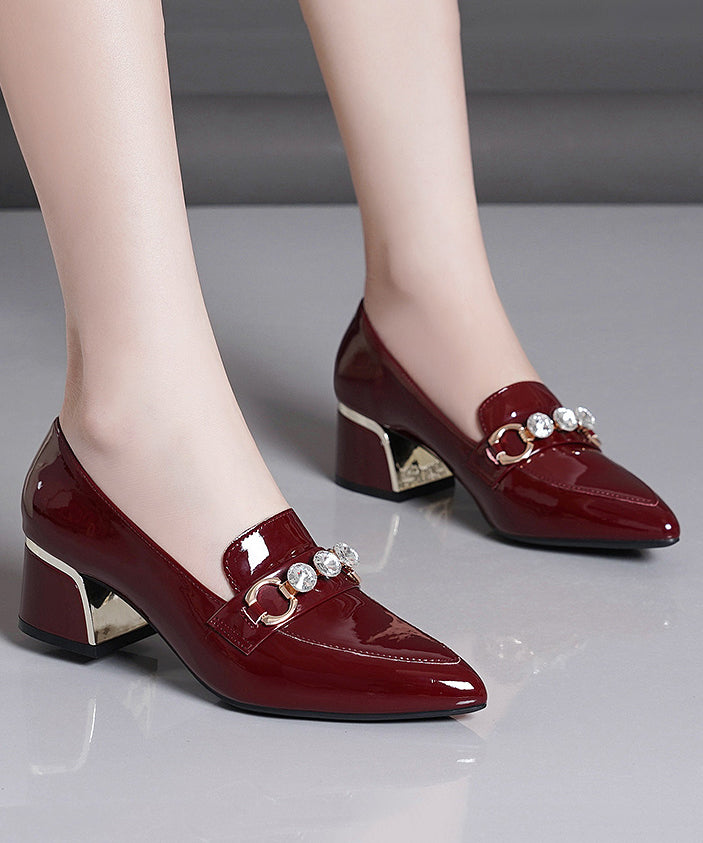 Black Faux Leather Zircon Pointed Toe Chunky Heel