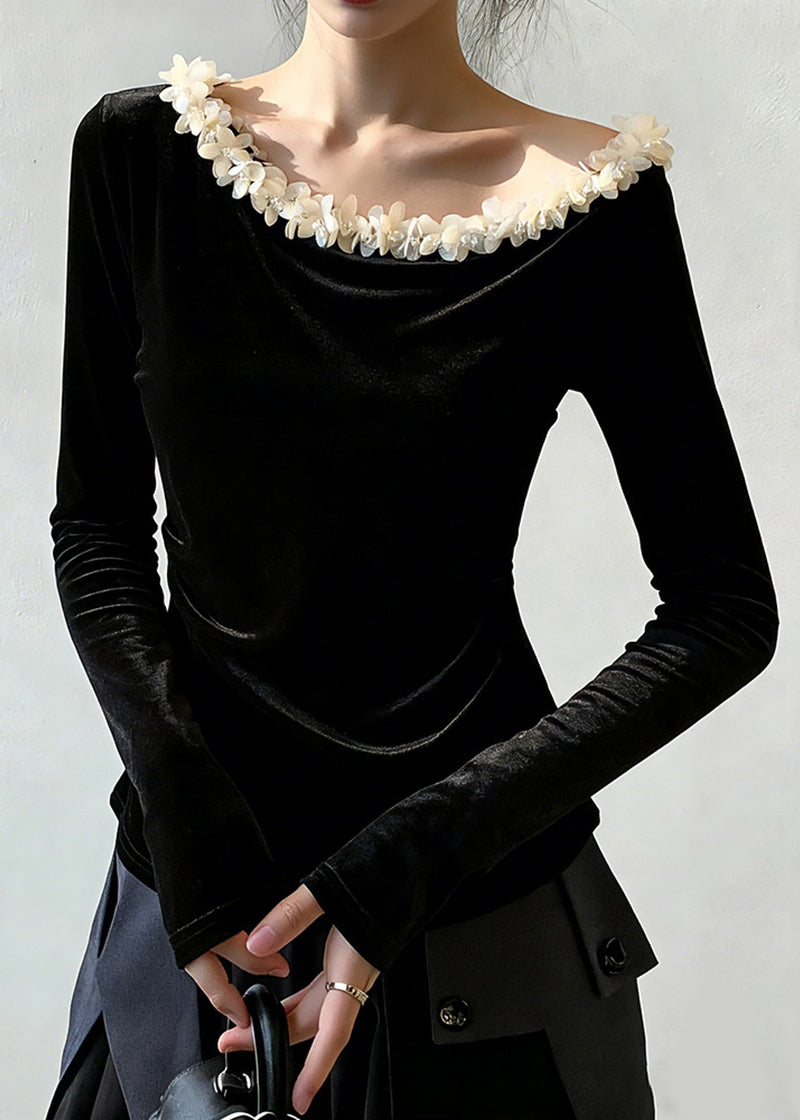 Black Patchwork Silk Velour T Shirt Spring