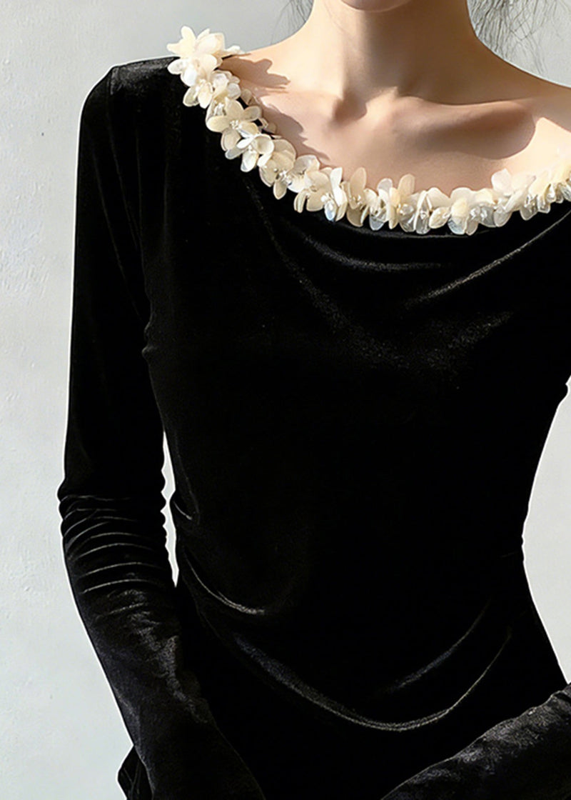 Black Patchwork Silk Velour T Shirt Spring