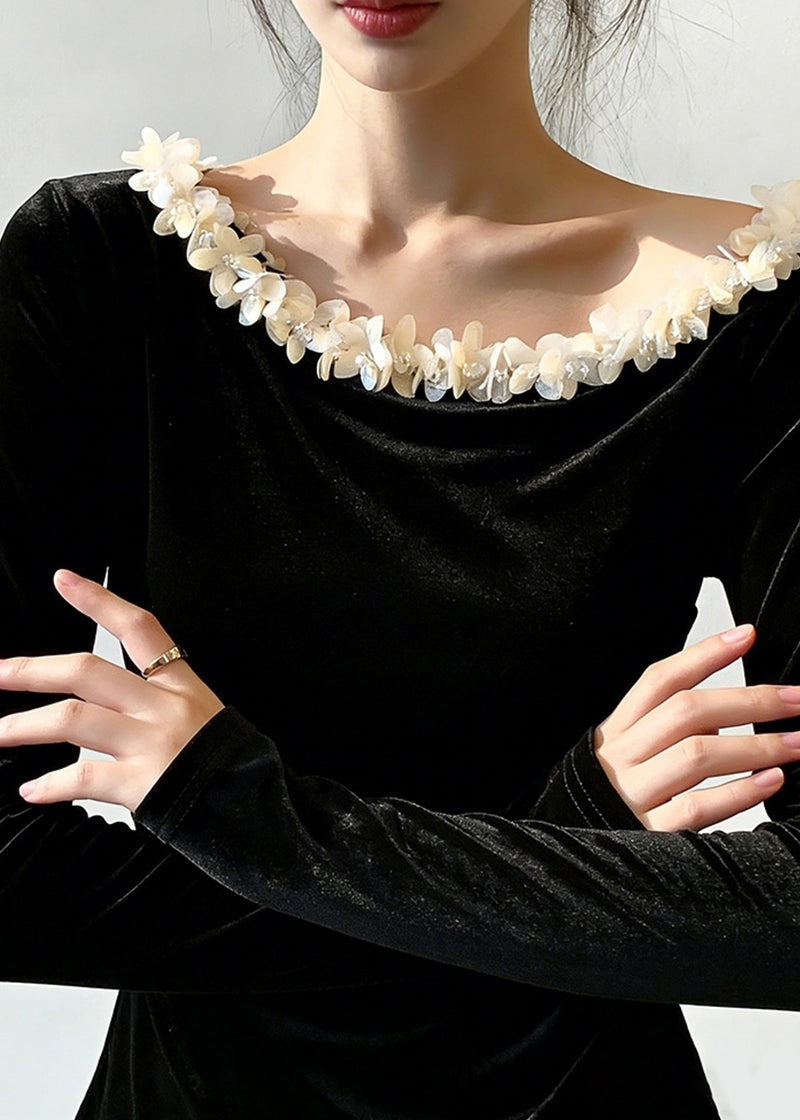 Black Patchwork Silk Velour T Shirt Spring