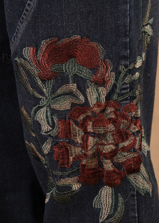 Black Grey Elastic Waist Embroideried Pockets Cotton Denim Lantern Pants Summer