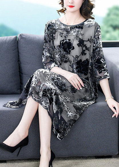 Black Grey Embroideried Patchwork Silk Dresses Summer