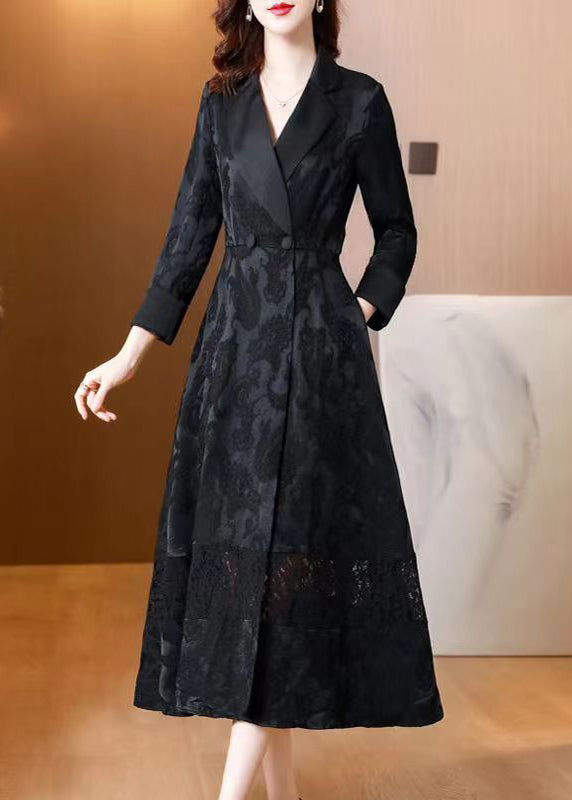 Black Hollow Out Jacquard Pockets Cotton Trench Fall